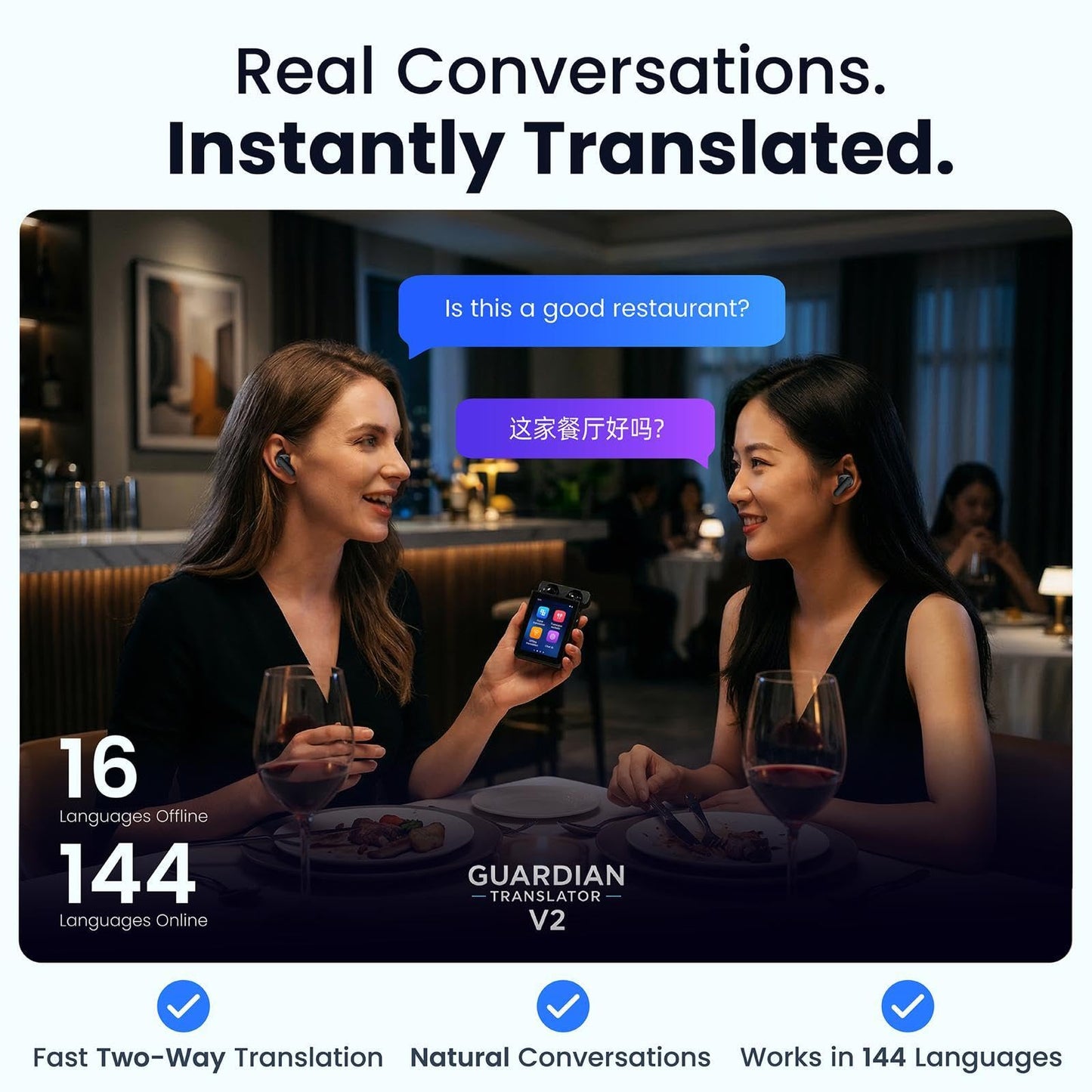 Guardian Translator V2 AI Translator Device with Earbuds & ChatGPT Support
