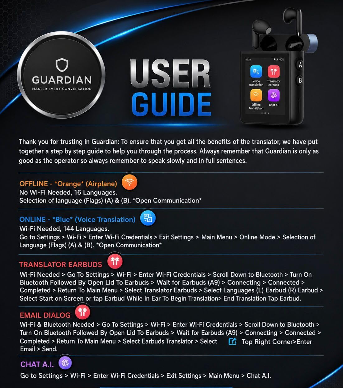 Guardian Translator V2 AI Translator Device with Earbuds & ChatGPT Support